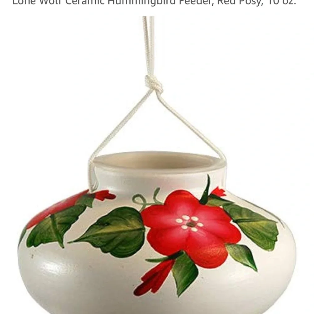 Floral Red Posy Ceramic Hummingbird Feeder Handmade & Painted, Signed by Artist